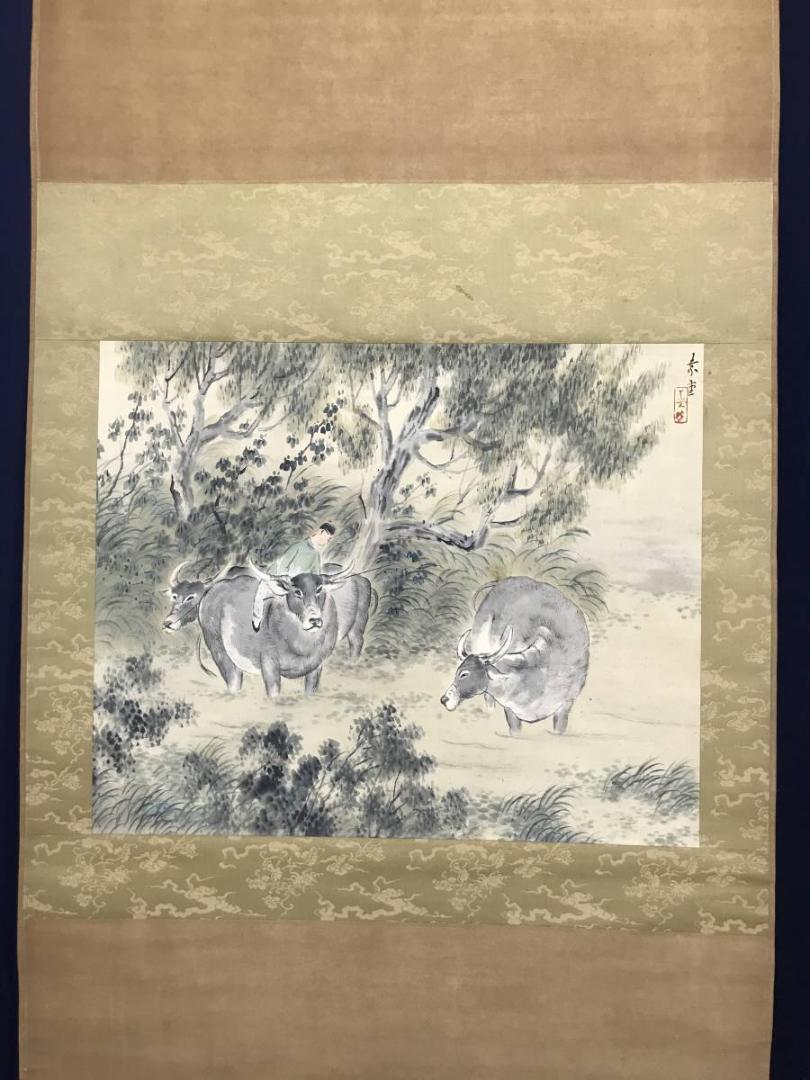 真作】保間素堂/晩涼帰牧図/牧童図/山水図/横物/