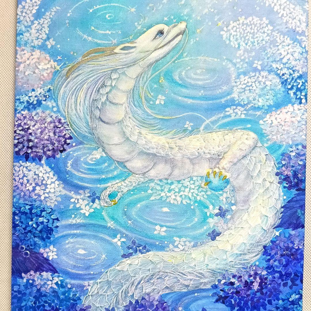 No.509 F3キャンバス 原画 龍神絵画 白龍 紫陽花 開運絵画 立体アート