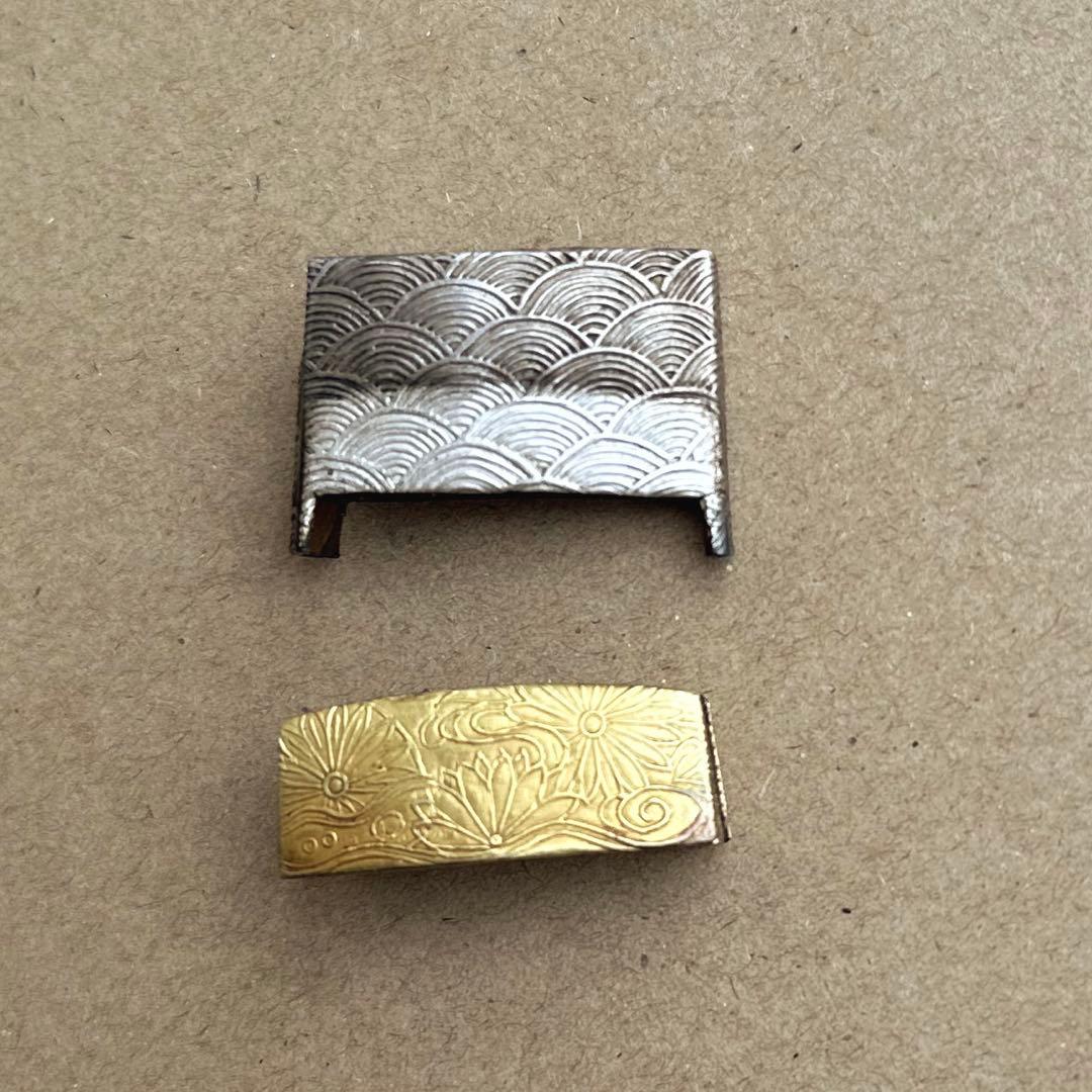 日本刀装具 金着せ 菊波紋様 二重鎺 ばばき
