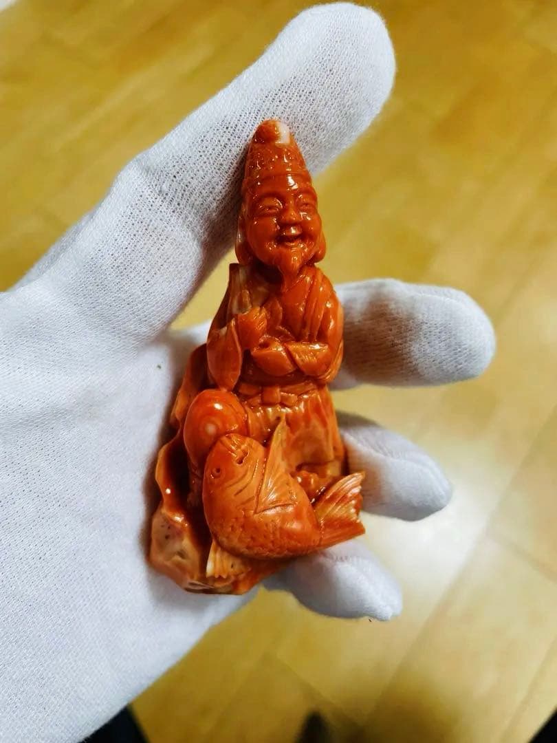 本珊瑚 珊瑚彫刻 置物 赤珊瑚 七福神恵比寿様 宝石珊瑚 重さ100g