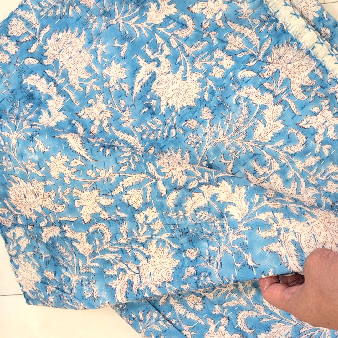 L】花柄 ハンドブロックプリント カンタキルト ソファカバー ブルー