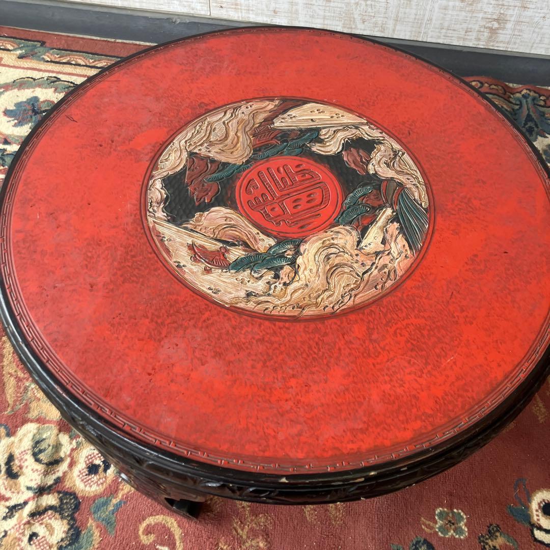 中国骨董 唐家具 飾彫り 円卓 座卓 ちゃぶ台 センターテーブル 古家具