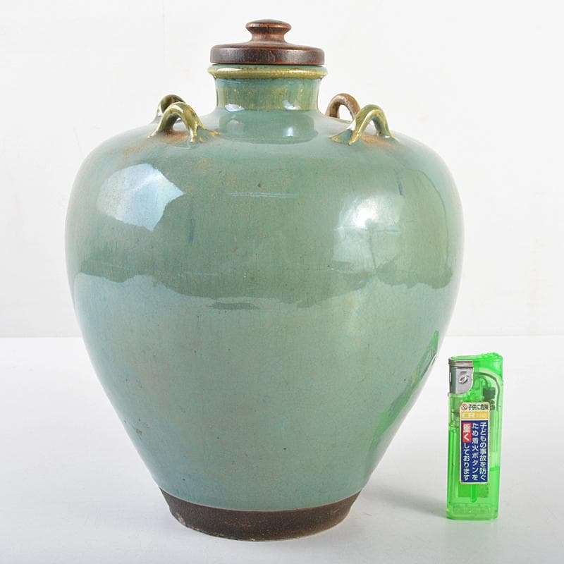 富山県古陶磁器 小杉焼 青磁 四耳壷 唐木蓋付 C R5629 - メルカリ