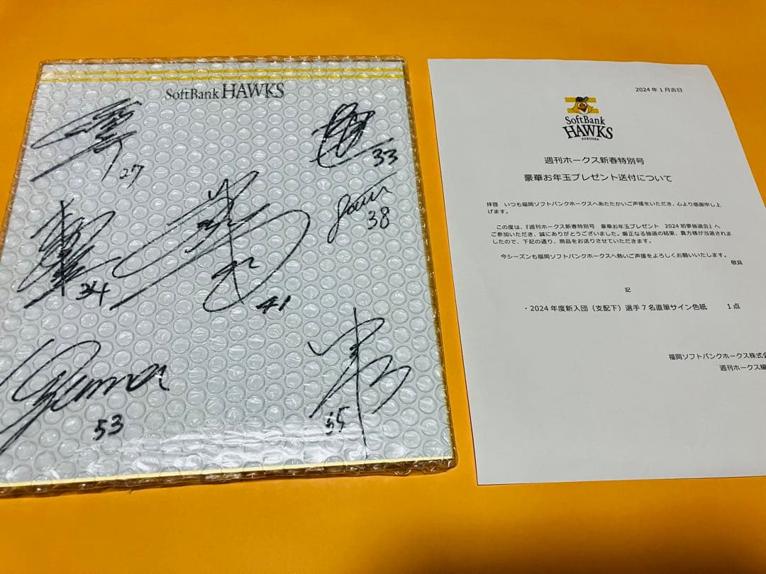 懸賞当選！2024新入団全選手直筆サイン色紙 福岡ソフトバンクホークス