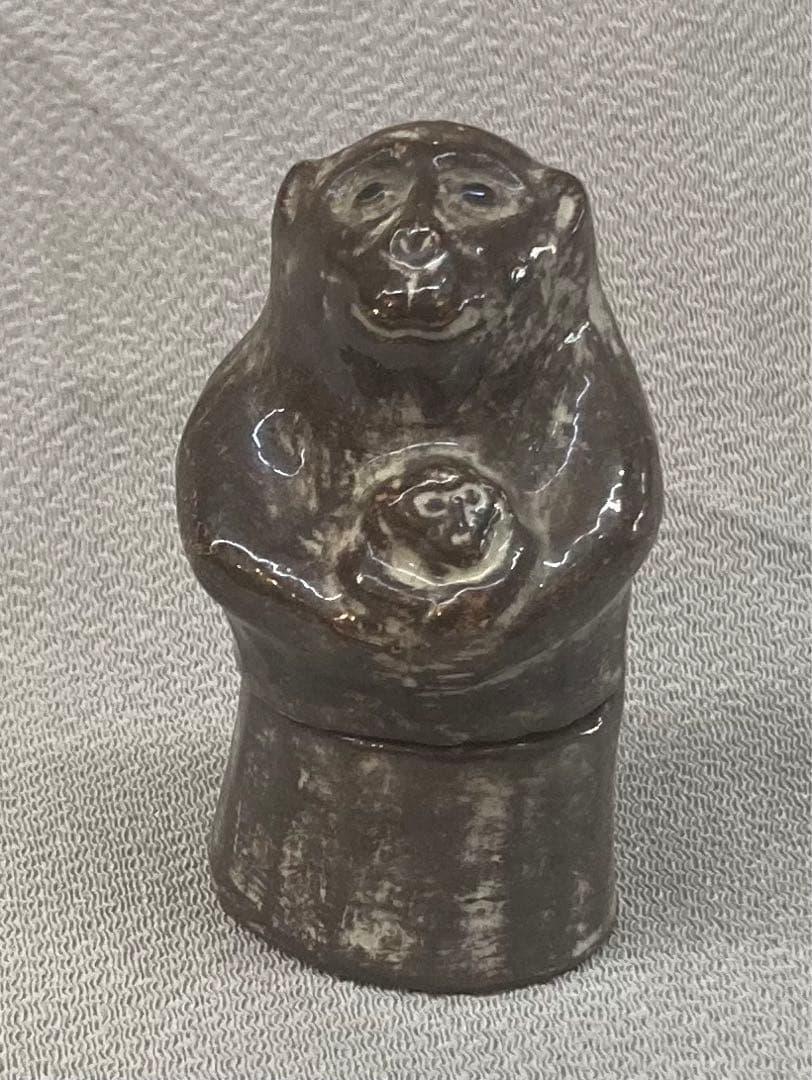 B203s 吉向焼 吉向松月造「親子瓦ざる」申香合 共布共箱 猿 茶道具香