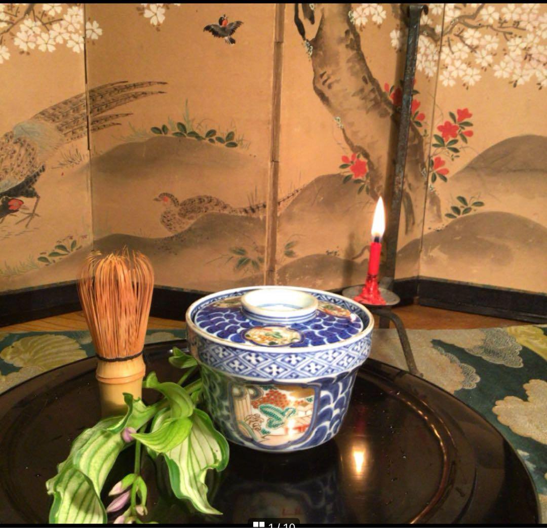 A1032 古伊万里染錦手　唐草　窓絵山水紋様　蓋茶碗　1客 A1032 古伊万里染錦手 唐草 窓絵山水紋様 蓋茶碗 1客 A1032 古伊万里染