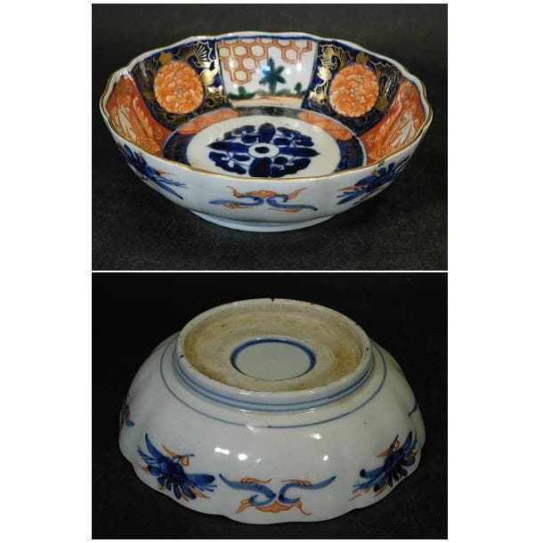 時代磁器 古伊万里 染錦若松牡丹紋 輪花ナマス皿（5枚）】