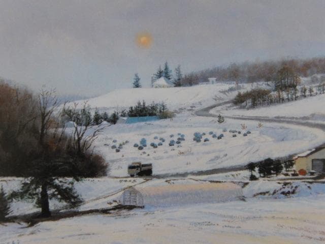 菊池潤子、【雪の丘】、希少な額装用画集画、新品高級額 額装付、状態
