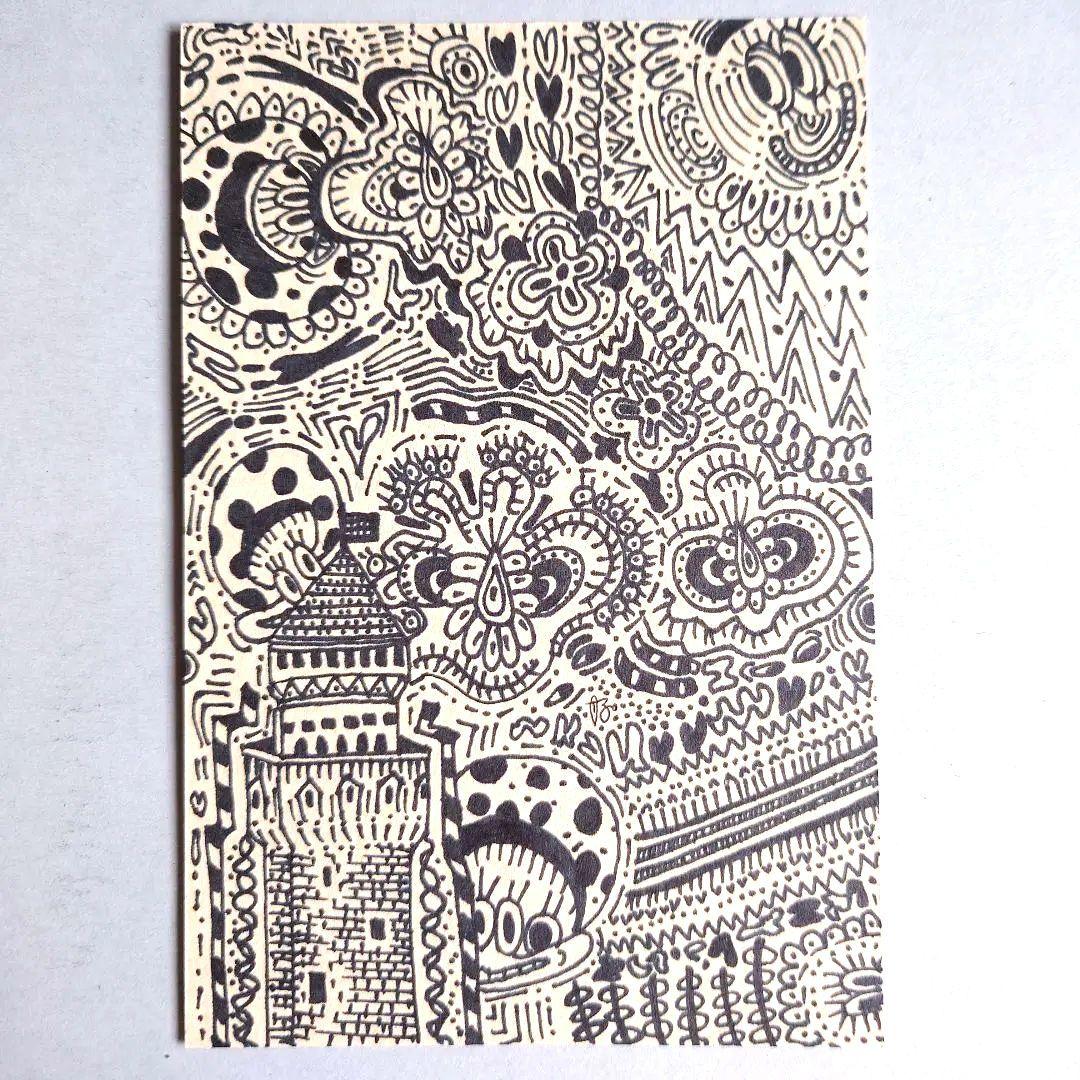 手描きペン抽象画 幾何学模様 モノクロ現代アートイラスト 原画 - メルカリ