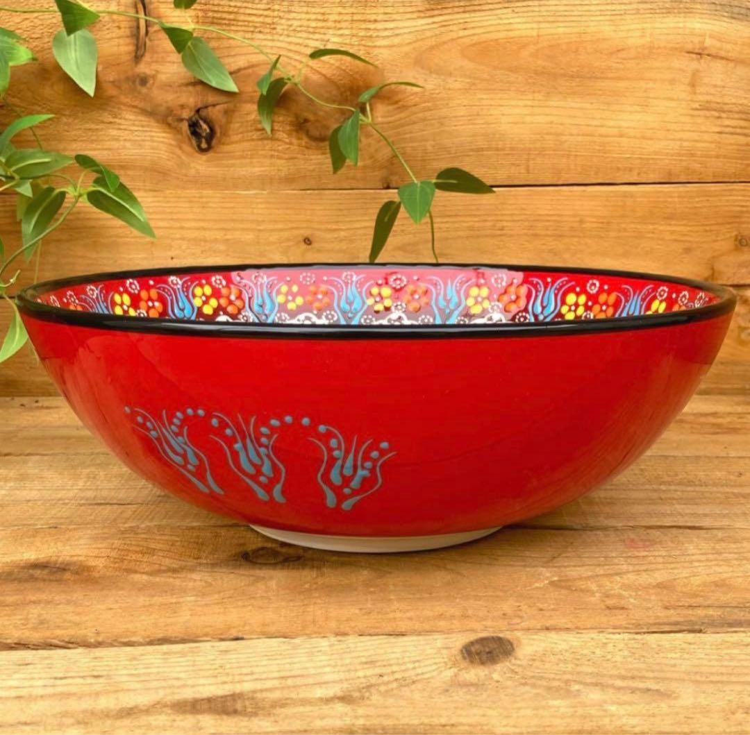 31.5cm☆新品☆【トルコ】陶器 特大サイズ ボウル ＊ 赤 ＊キュタフヤ＊