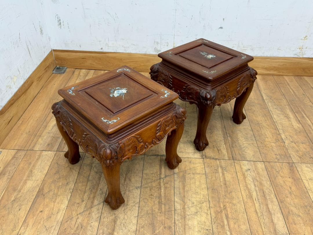T7990☆美品☆花梨無垢材☆螺鈿細工☆応接6点セット☆唐木家具☆彫刻