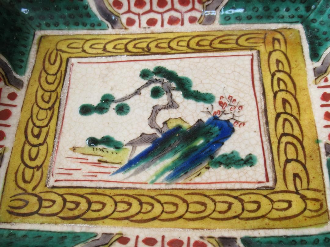 ◇美品希少 江戸時代末期◇吉田屋 角福 青手九谷 山水図 角皿 横幅18.2