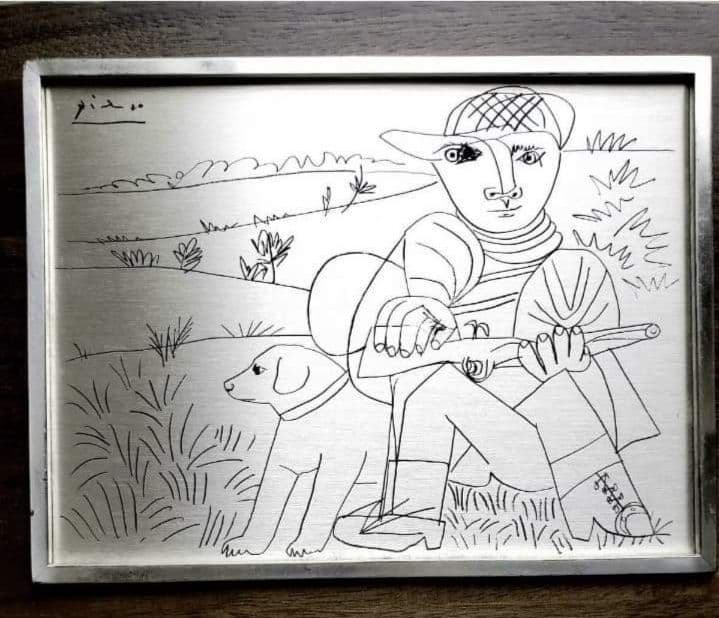 安心の本物保証。PABLOPICASSO作「狩人」ピカソ、純銀製、相続人承諾書