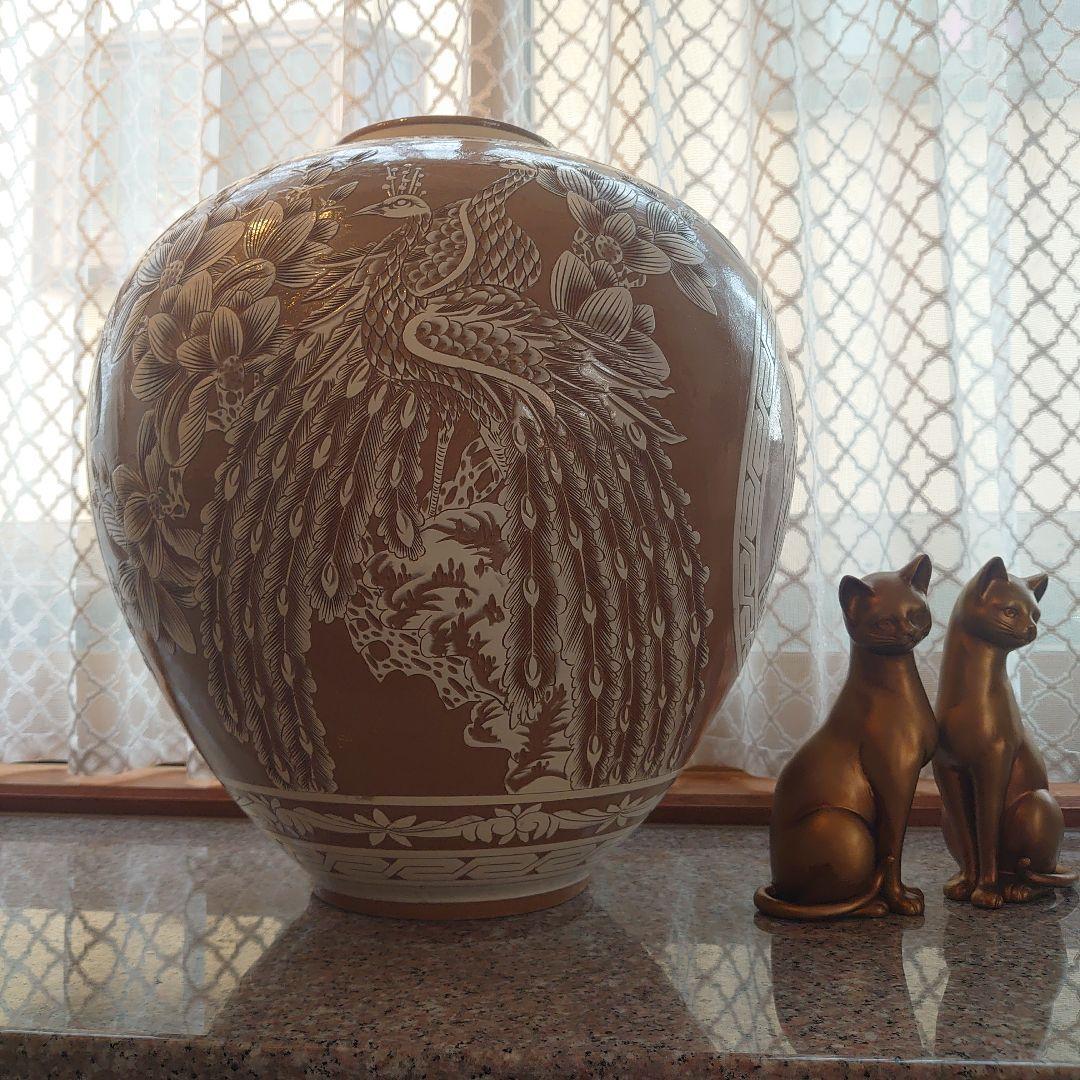 未使用】菊堂 サイン入り 陶芸 菊孔雀大壺 一点物 50✕40cm - メルカリ