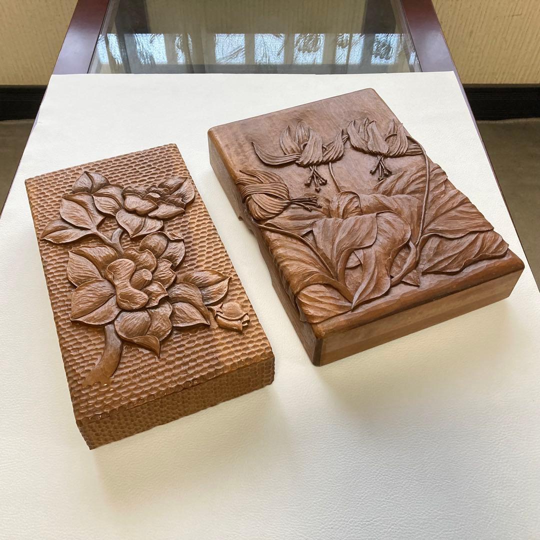 文庫 木箱 小物入れ ケース 収納 木製 木彫り 彫刻 百合 椿 花柄