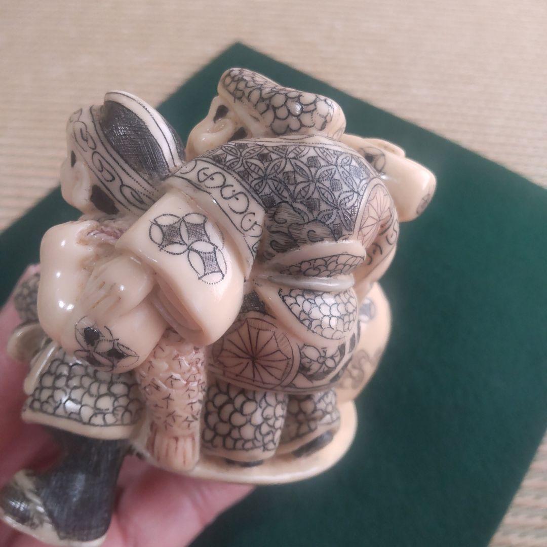 置根付 Netsuke☆ 七福神三福神 極細工 精密彫刻 雅俊作 美品‼️乳白色