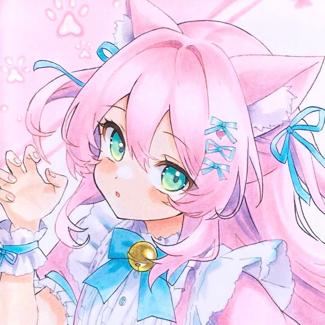 h*☆様 手描きイラスト.オリジナル.ピンク猫娘.アナログ.小色紙 - メルカリ