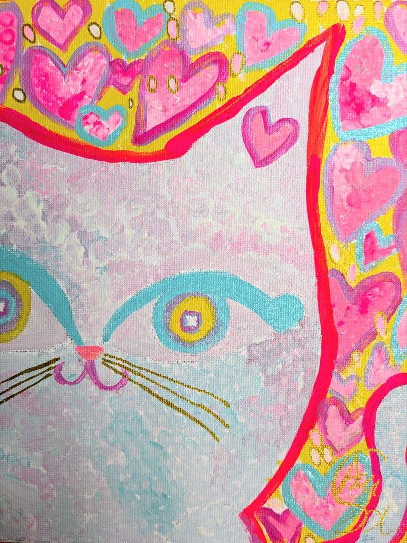 ハートいっぱい白猫さん】F3キャンバス 絵画 猫 白猫 イラスト 猫絵