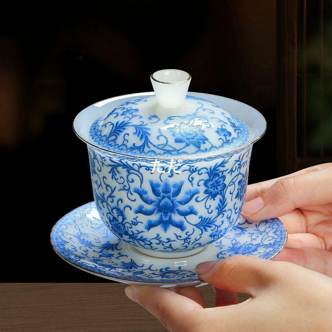 中国茶器 磁器 纏枝蓮三才蓋碗 茶碗 茶道具 新品未使用 - メルカリ