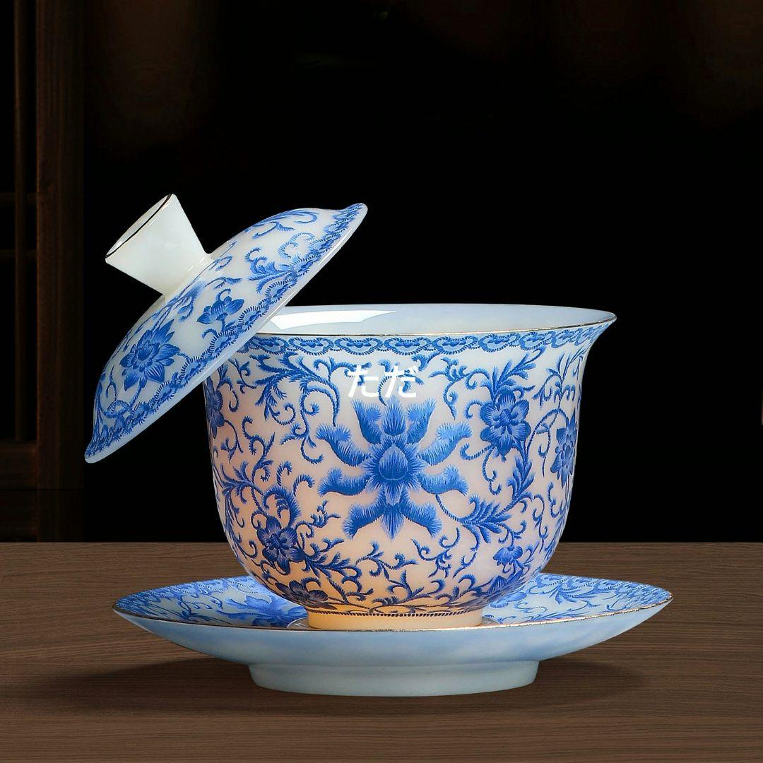 中国茶器 磁器 纏枝蓮三才蓋碗 茶碗 茶道具 新品未使用 - メルカリ