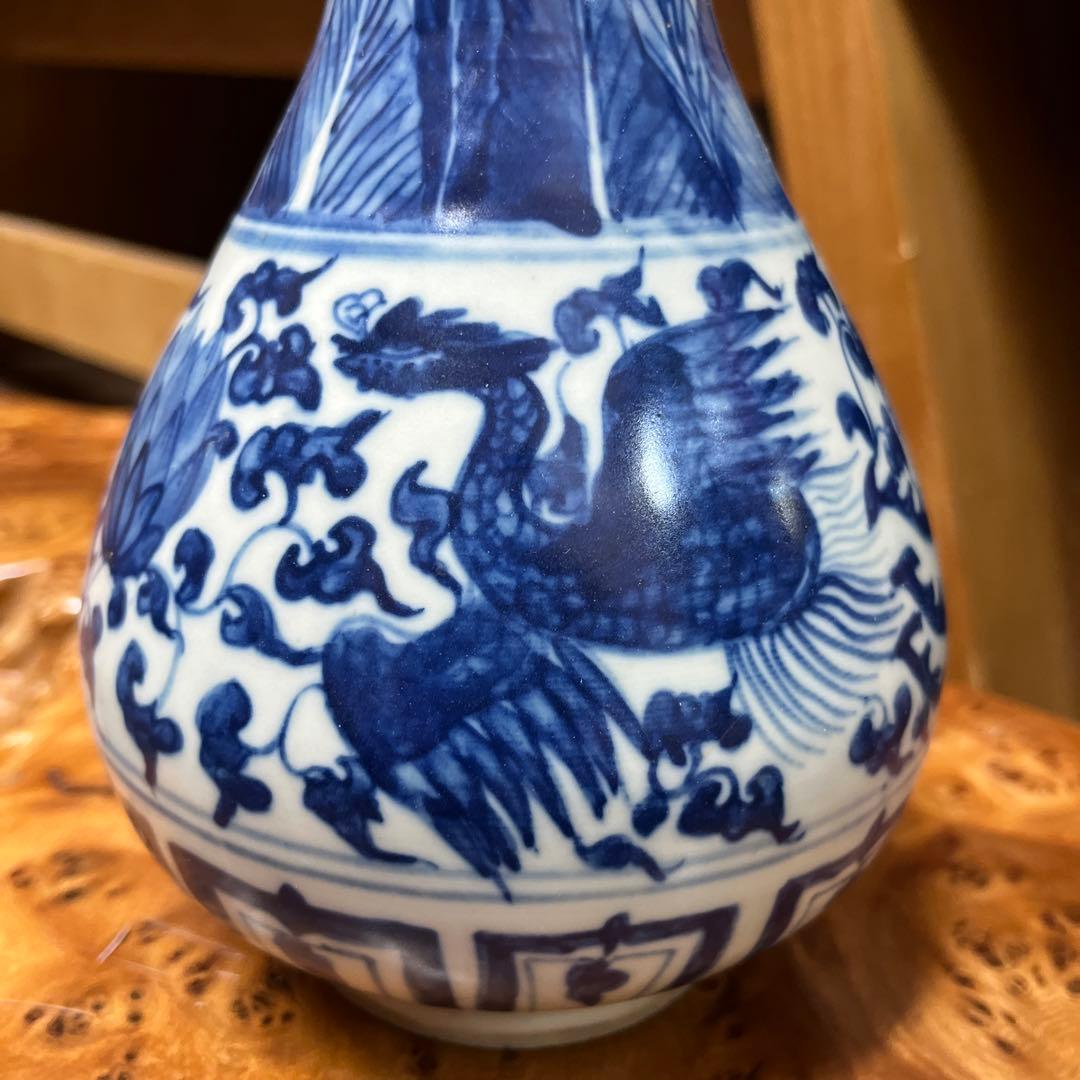 中国古美術 鳳凰 青と白が美しい陶器 大清康熙年製 花瓶 床の間などに