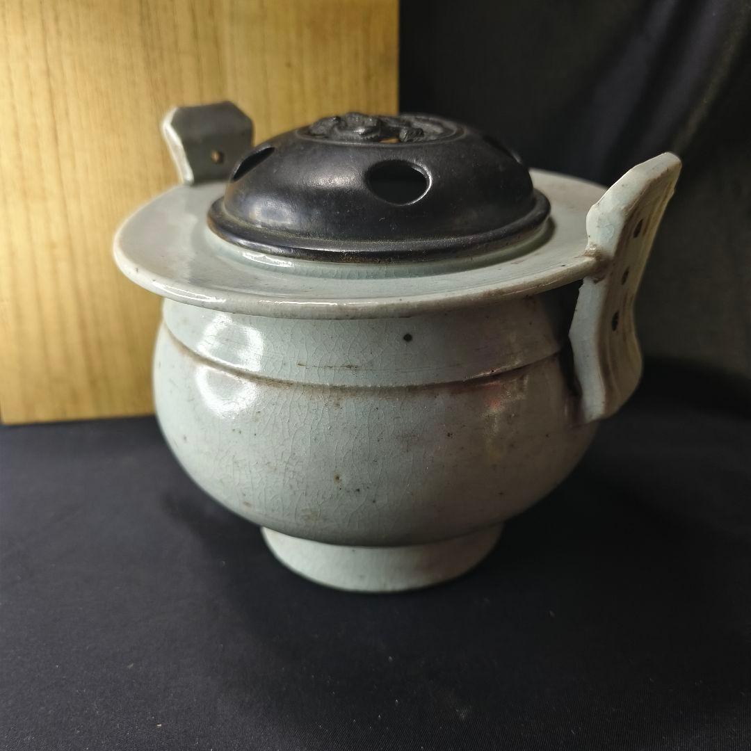 李朝骨董 古銅蓋青磁香炉 貫入入り 朝鮮王朝 古美術品 桐箱 コレクター