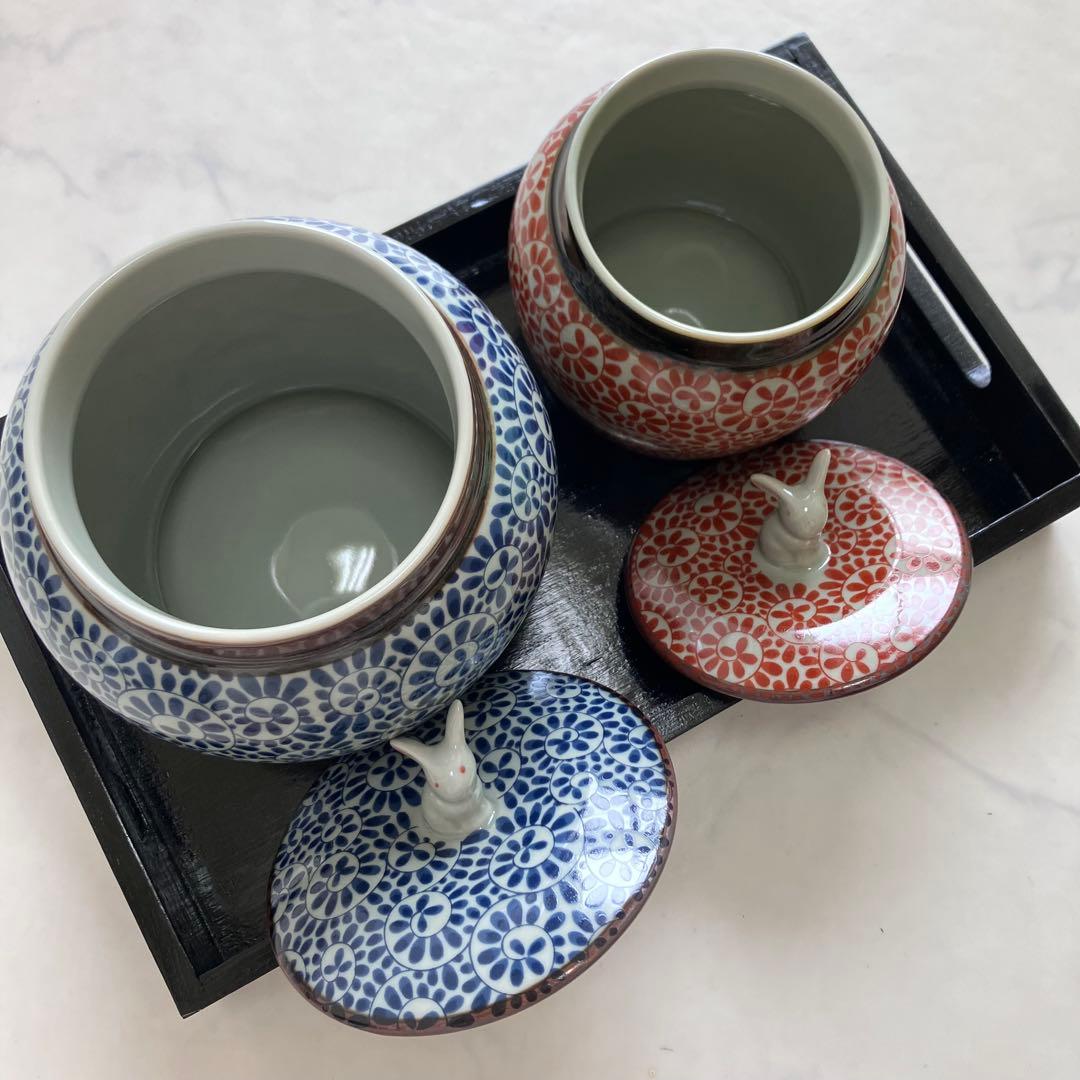 美品♡有田焼♡かわいいうさぎの蓋付き壺♡おぼんセット清秀