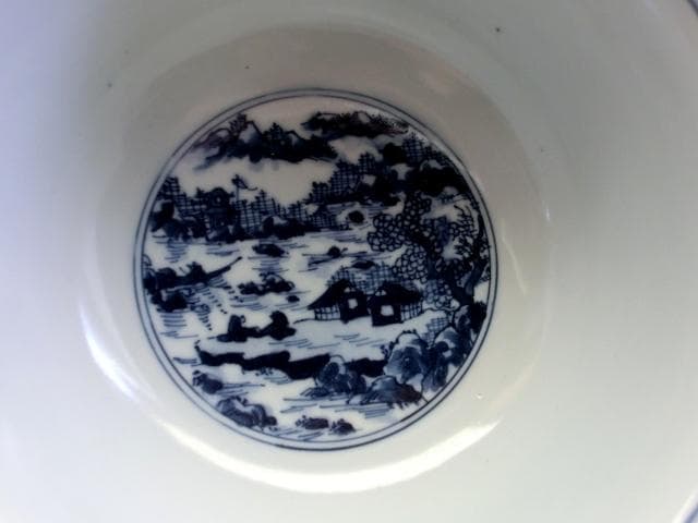 鉢□京焼手描き染付【平安 懐泉造】窓山里山水図菓子鉢 京都名工 青華
