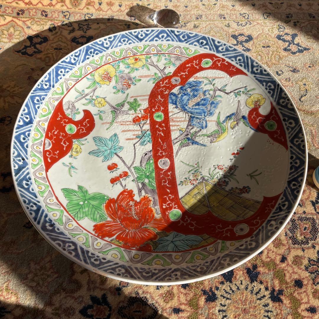 古伊万里 色絵 花鳥図 ハイビスカス 一尺四寸大皿（幕末期）