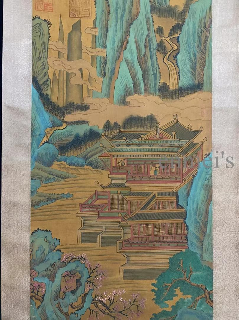 中国古美術 唐代李思訓款 山水図 掛軸 絹布 肉筆 唐物 書道 古画 收藏