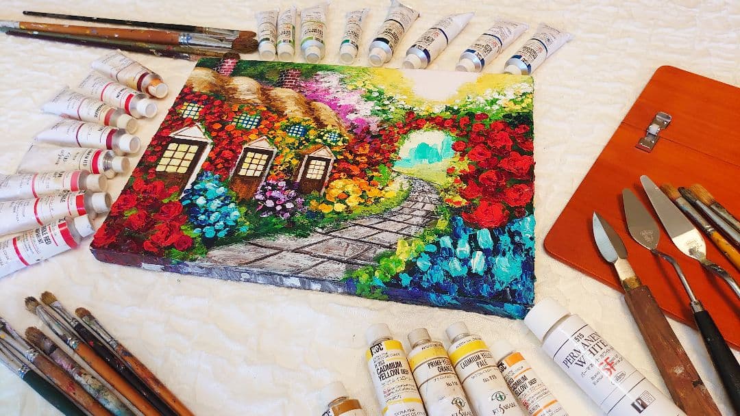 油絵 絵画【花の住宅】 油絵 花の住宅【F4号木製】 絵画 HR 通販 12618583｜Creema(クリーマ