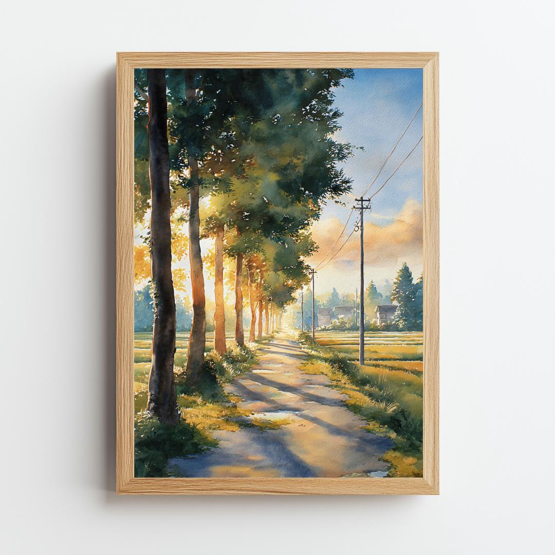A4 日本の田舎風景 夏の早朝 風景画 インテリアポスター アート 水彩画