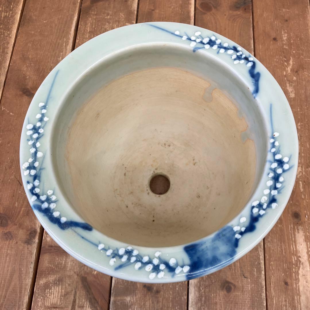 昭和レトロ 陶器製 尾張焼 瀬戸焼 青磁 染付 梅図 3本足 蘭鉢 植木鉢