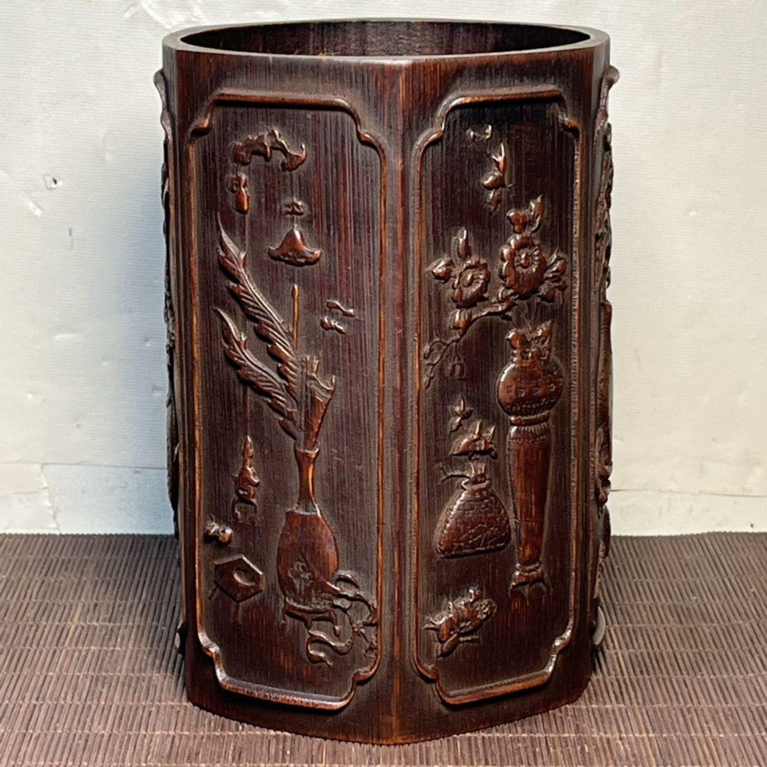 彫刻六角竹筆筒 文房四宝 古文房具 書道具 文房具 現代工芸品 美術品 置物 古玩 竹彫古筆筒 - 書道用具専門店 西本皆文堂 オンラインショップ