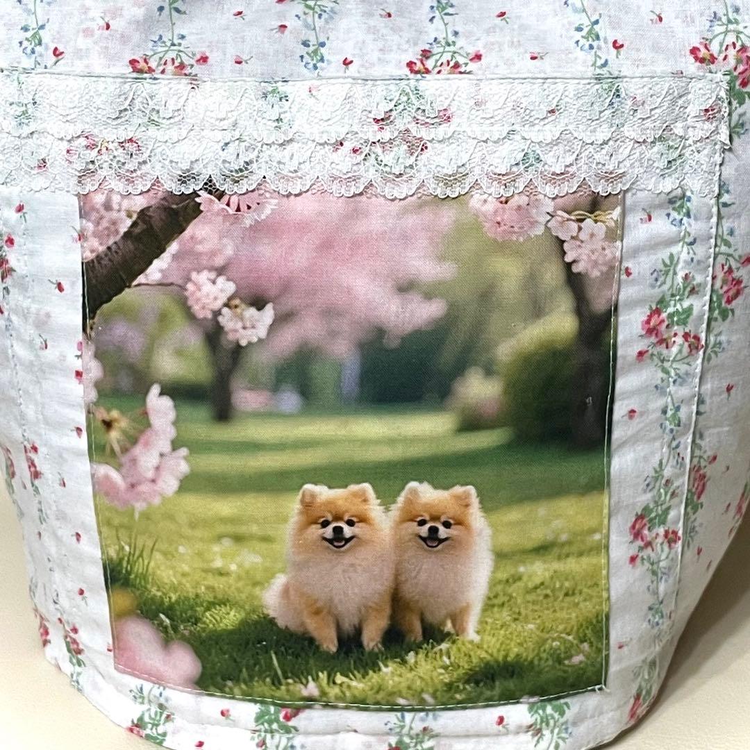桜の散歩道ポメラニアン♡レースが彩る清楚なお花のコンビニエコバッグ