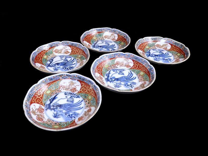 古伊万里 金襴手 玉乗り獅子に鳥の図 3寸半皿 5枚