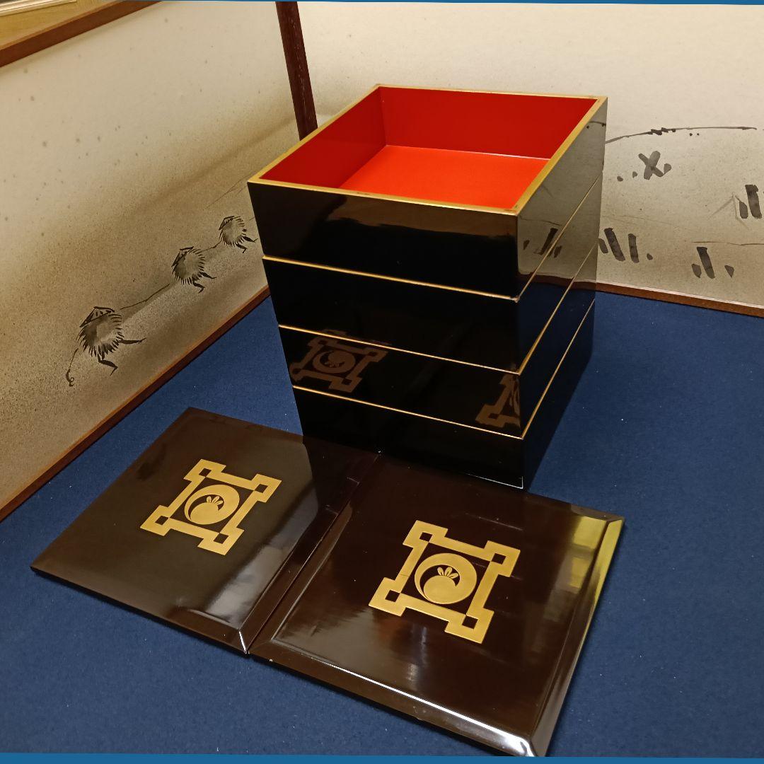 AM85 輪島塗 重箱 家紋入 四段重 替蓋付 丁子紋 おせち お正月 輪島塗 未使用 沈金 桐文様 二段重箱 おせち料理 漆器 木製 本漆 盛器