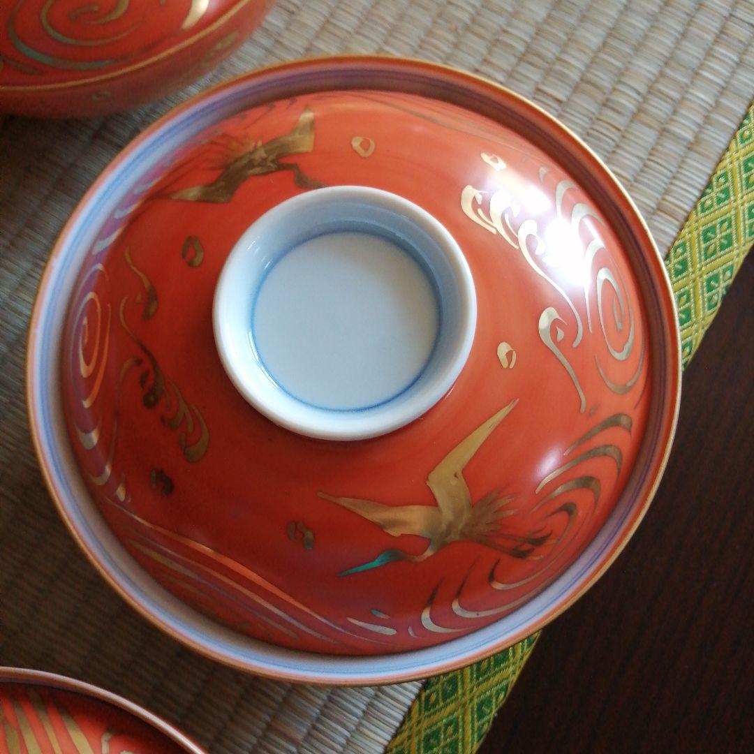 美濃焼　幸兵衛窯　朱赤波鳥煮物碗　5客　16.1cm
