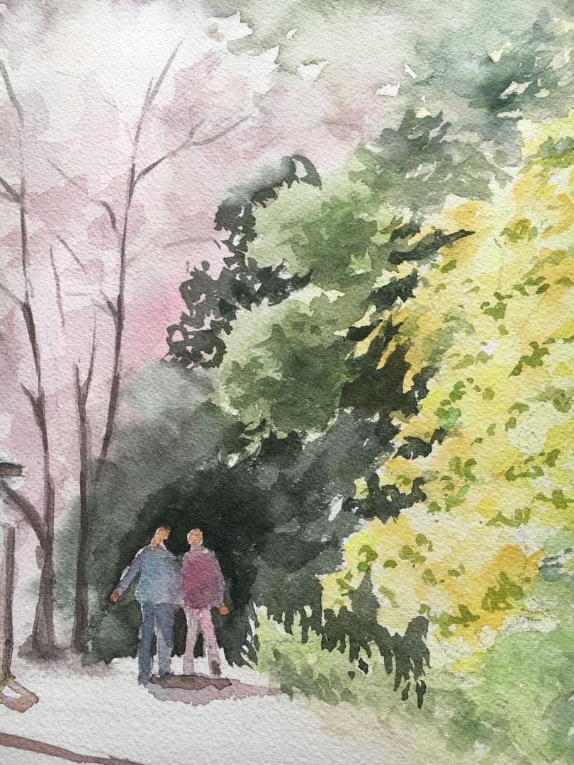 透明水彩画原画桜と山吹の散歩道 - メルカリ