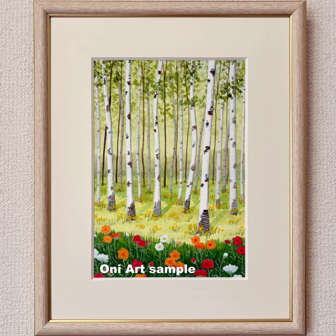 アクリル画　原画　「白樺林02」額縁付き　SMサイズ　風景画 丘の上の一軒家02」アクリル画 原画 キャンバス SSMサイズ 風景画 絵画