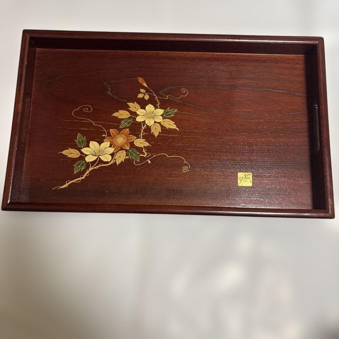 会津塗　木製盆 花の蒔絵　落款あり 新品 会津塗 会津ぬ里 伝統工芸品 木製漆器 お盆 長手盆 木製トレイ