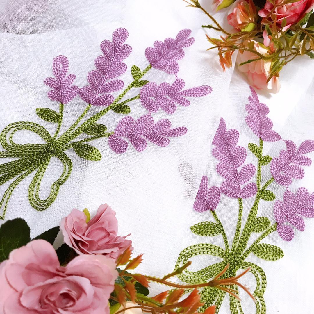 加工4枚クリップ30 刺繍 ラベンダー パープル ホワイト 1枚 刺繍 ラベンダー パープル ホワイト レース カーテン フラワー