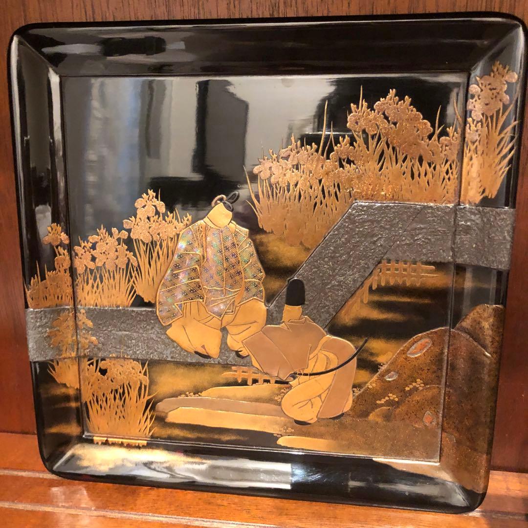 木製角盆 時代品　高蒔絵　八橋図盆 木箱付き　25.8センチ　高さ1.5センチ 木製角盆 時代品 高蒔絵 八橋図盆 木箱付き 25.8センチ 高さ1.5センチ