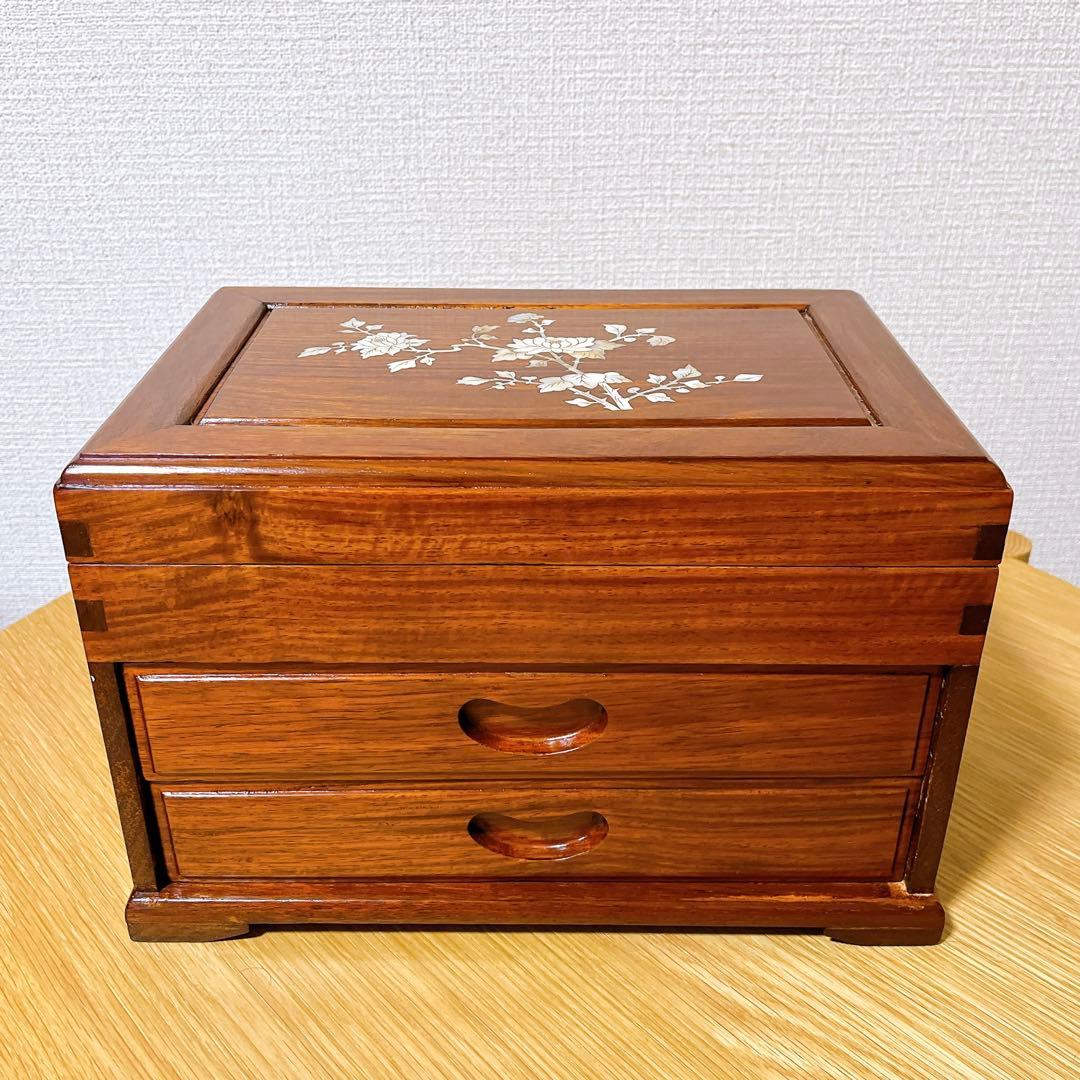 花梨無垢材 ジュエリーボックス 宝石箱 唐木 螺鈿細工 象嵌 小引き出し