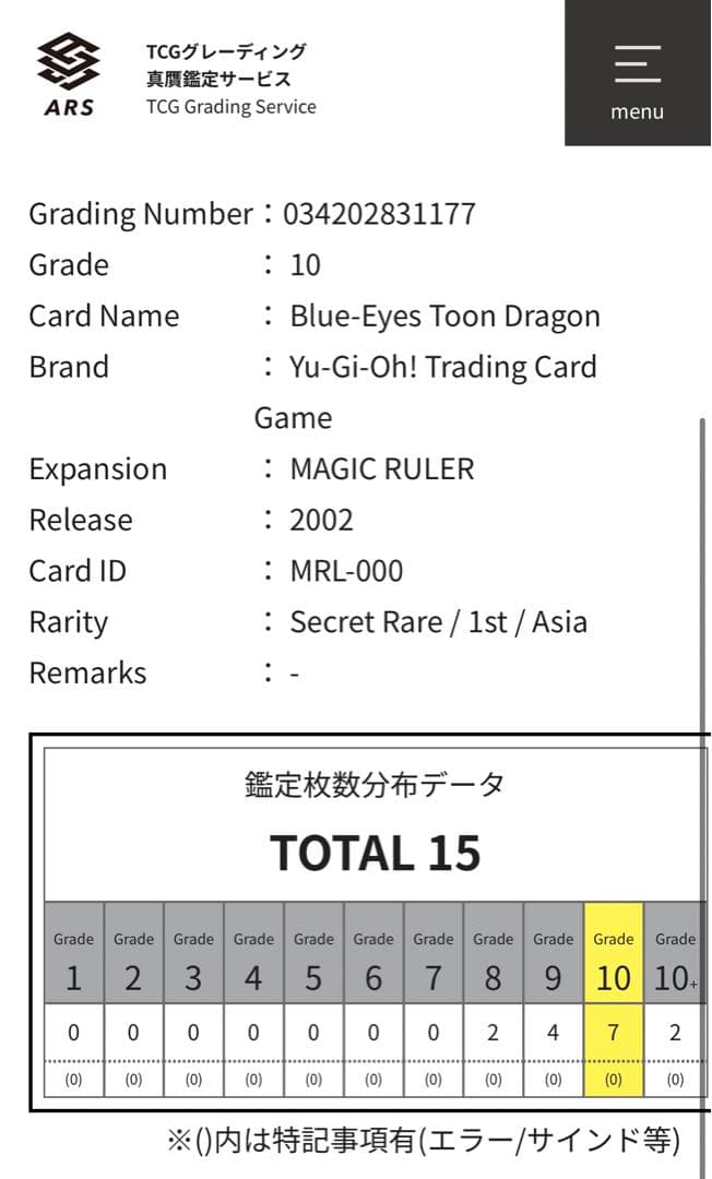ARS鑑定10】ブルーアイズ トゥーンドラゴン 旧アジア シークレットレア