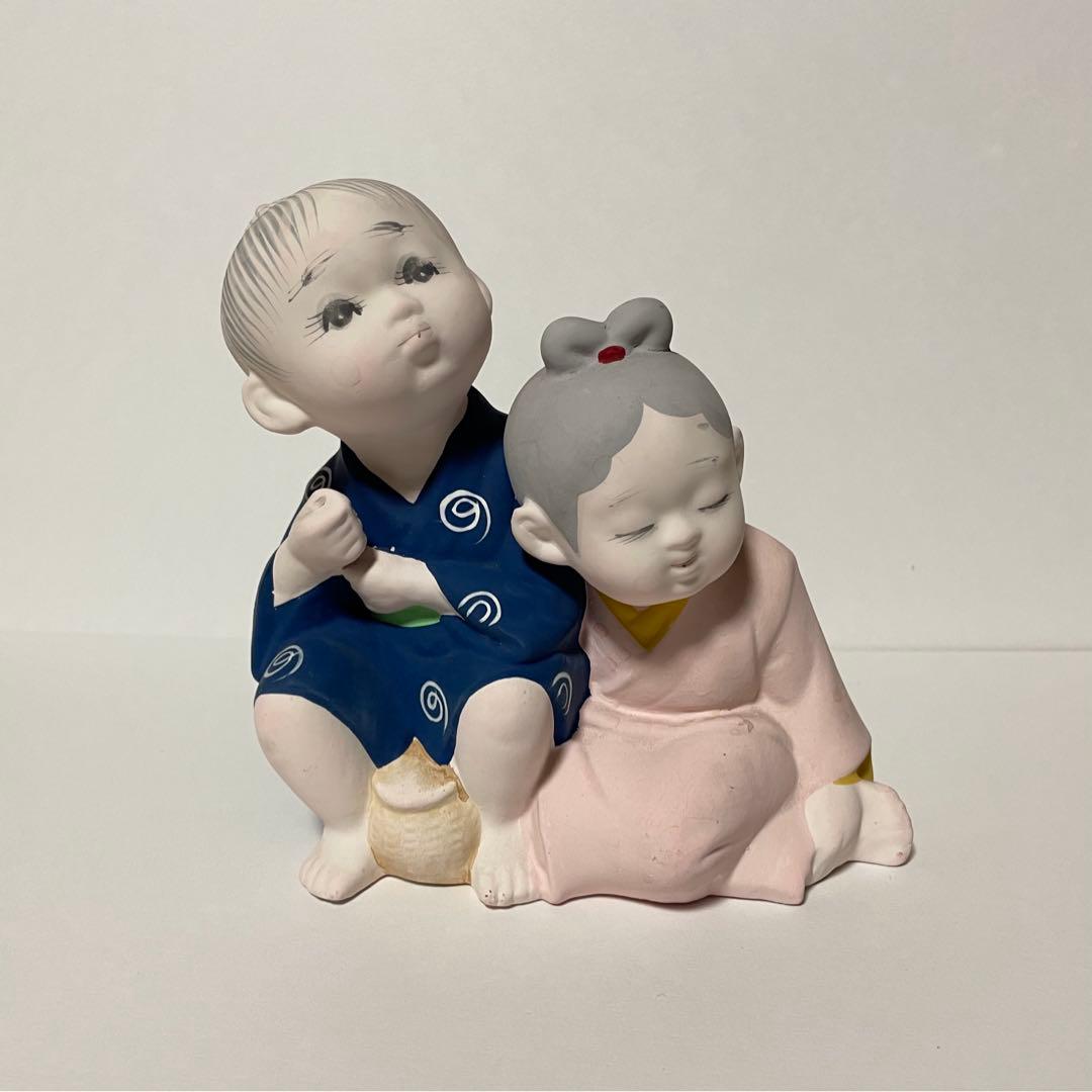 置物 人形 陶器 焼物 日本人形 博多人形風 レトロ 子どもの人形 兄妹