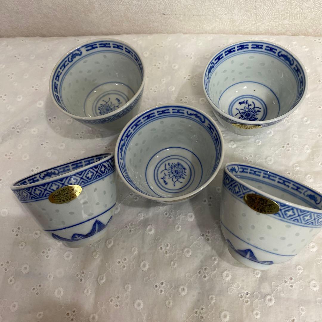 中国景徳鎮 蛍手煎茶碗 染付 湯呑み 5客セット 茶托付き - メルカリ