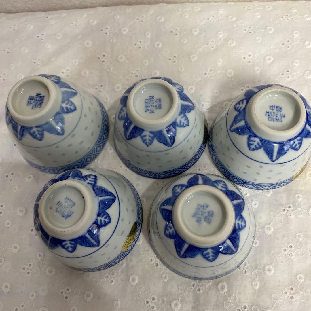 中国景徳鎮 蛍手煎茶碗 染付 湯呑み 5客セット 茶托付き - メルカリ