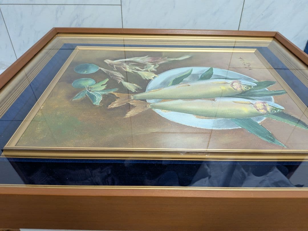 油絵「鮎2匹皿上並びにスダチ」昭和時代頃額サイズ横幅57X縦