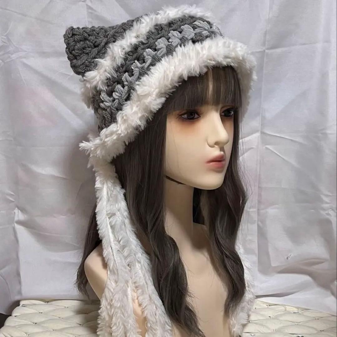 n*n様 ハンドメイド 猫耳ニット帽 ふわふわキラキラ グレー白 グランジ